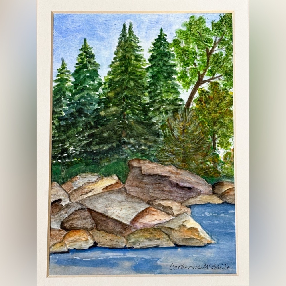 Small Vintage Catherine McBride Landscape Painting Woods Stream River Nature